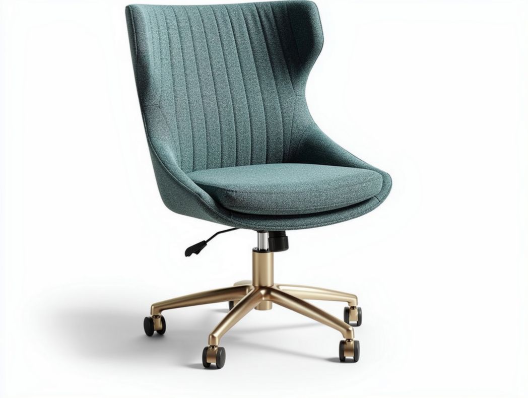 Contemporary ergonomic swivel chair in teal fabric with gold base 60 x 60 x 90cm
