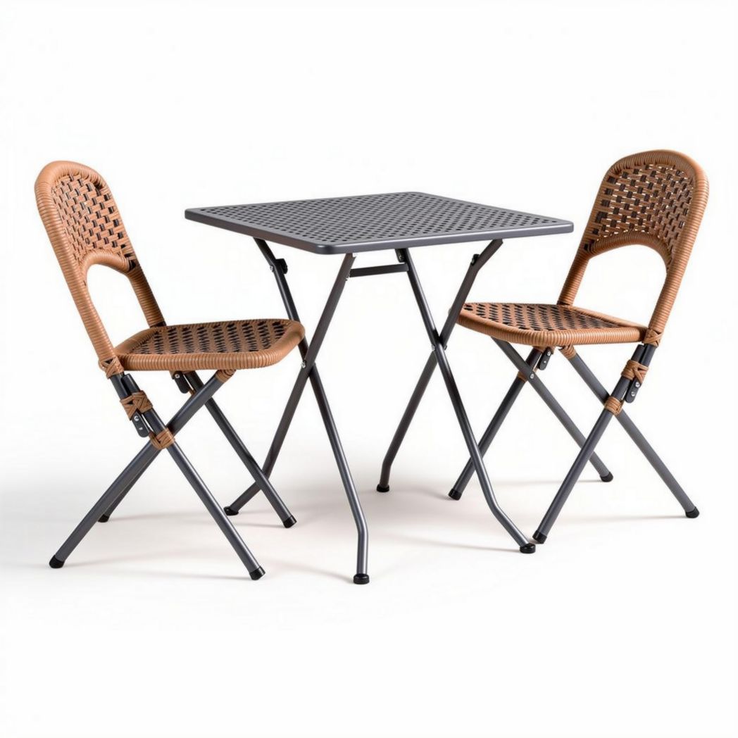 Folding patio table and chairs set with rattan seats and steel frame 80 x 80 x 75cm