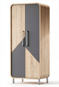 Wooden wardrobe with geometric design gray door front and aluminum handles 180 x 80 x 40cm