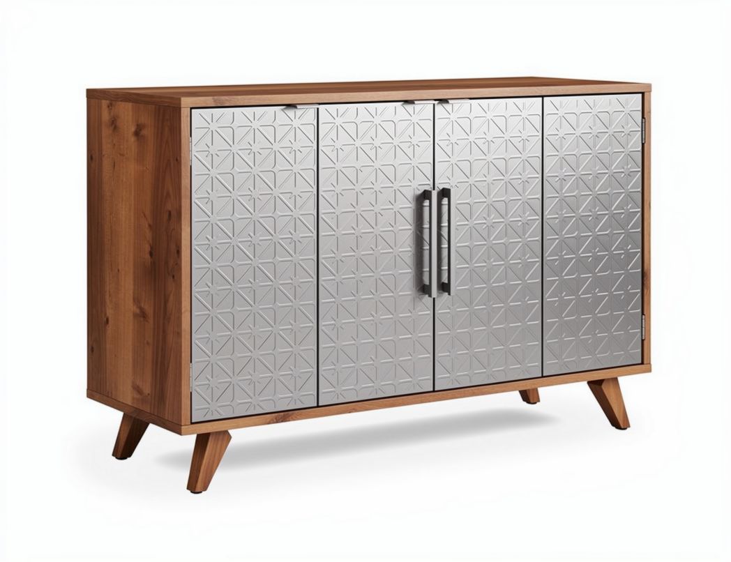 Wooden sideboard with silver geometric pattern doors 150 x 45 x 80cm