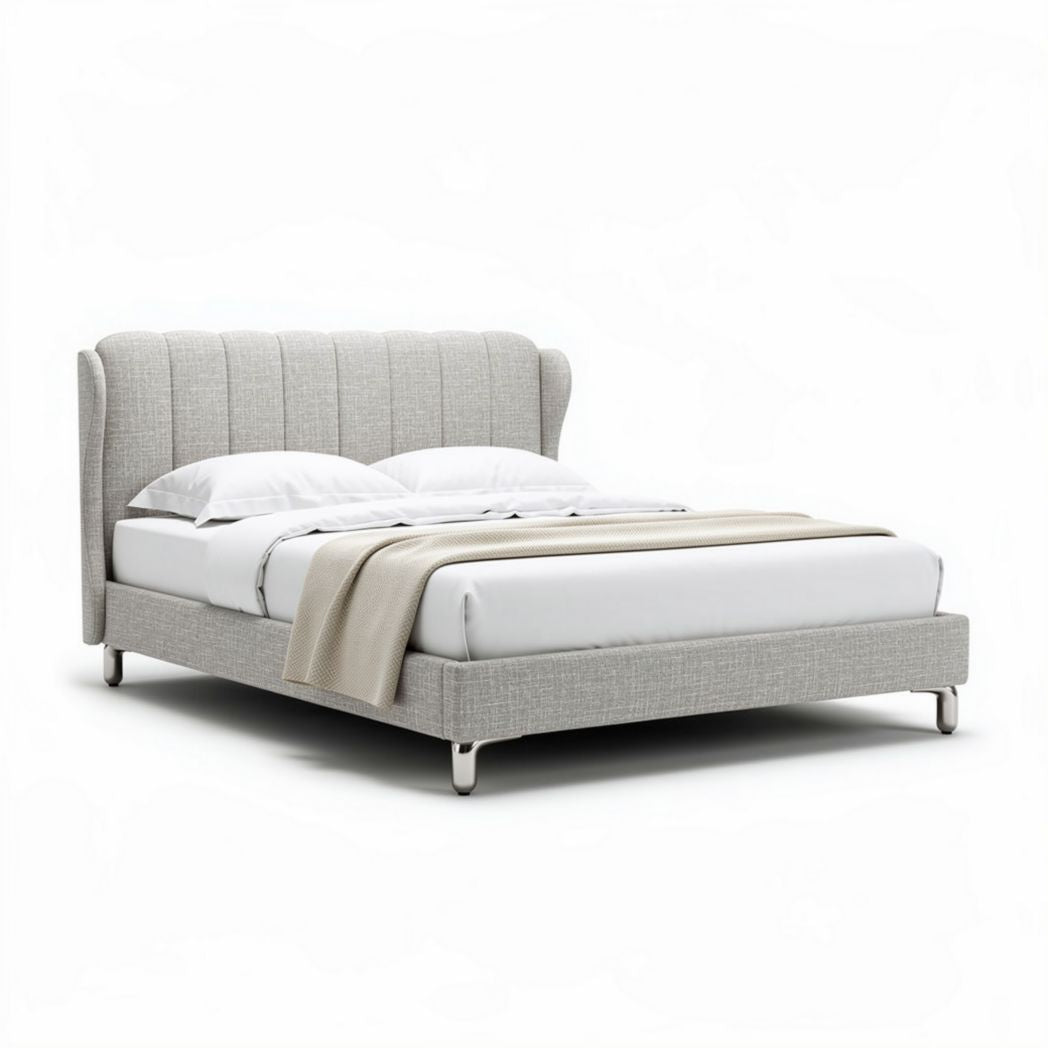 Upholstered bed frame with wingback design in light gray fabric 200 x 160 x 100cm