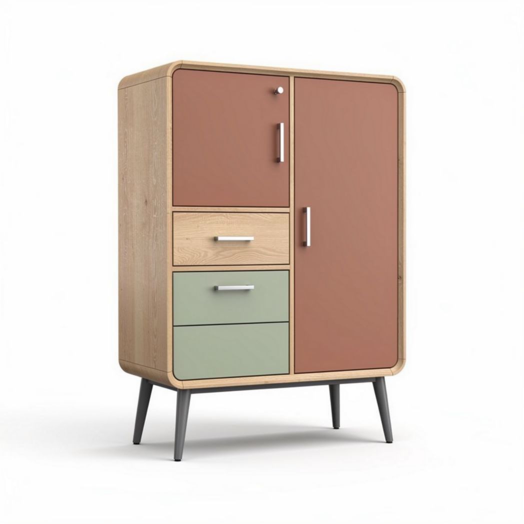 Wooden storage cabinet with multicolored doors and drawers 80 x 45 x 120cm