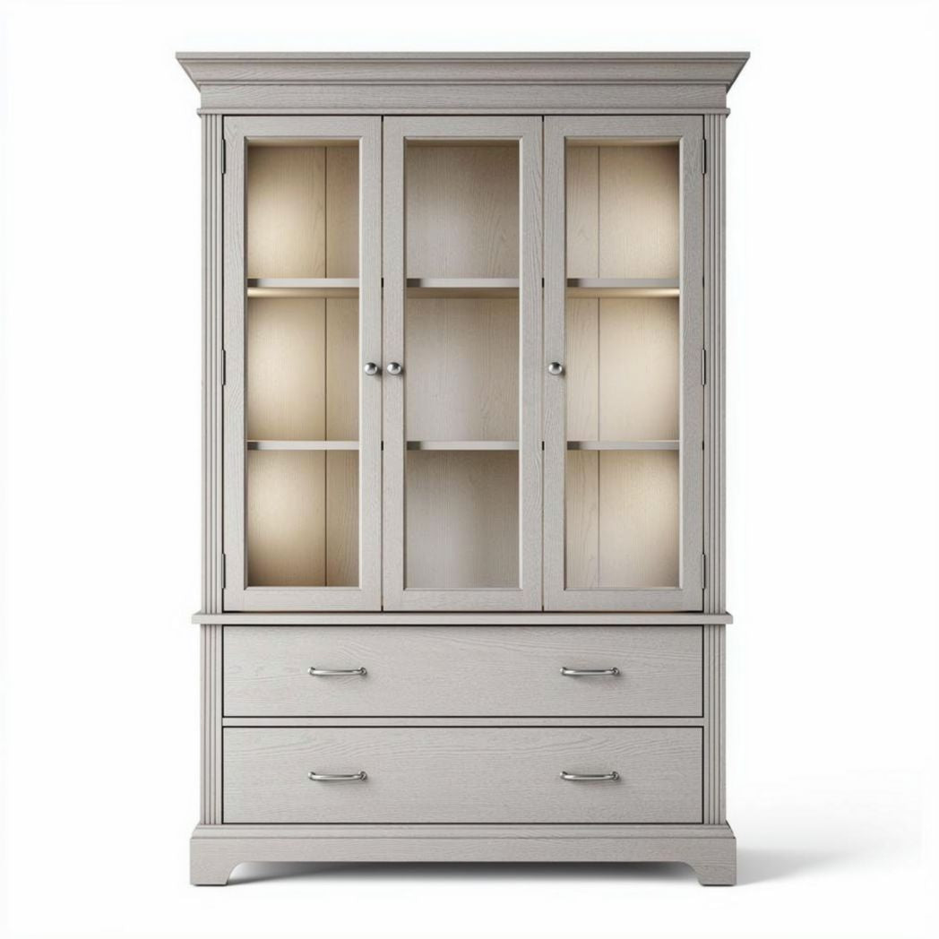 Glass door storage cabinet with adjustable shelves and two drawers 80 x 40 x 180cm
