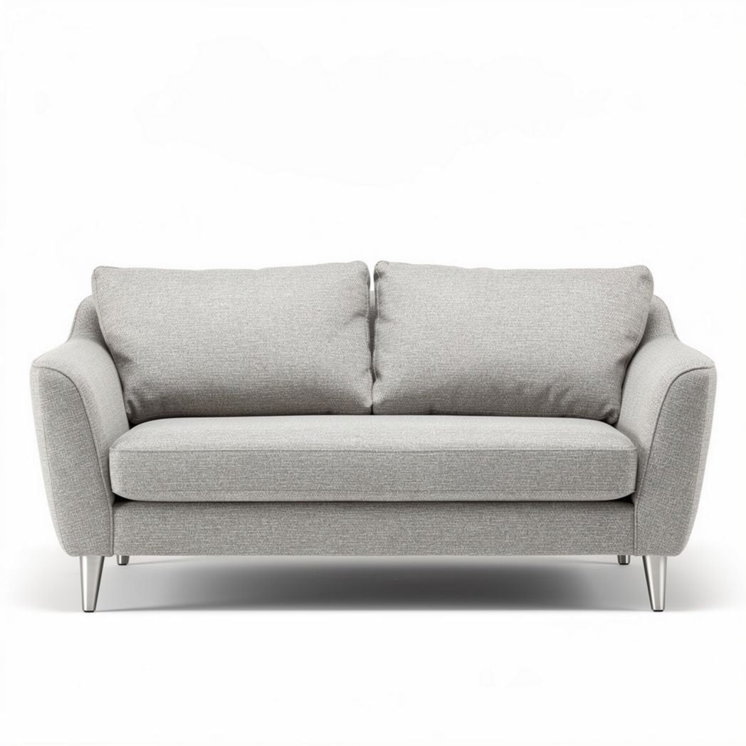 Modern gray fabric two-seater sofa with chrome legs approximately 180 x 80 x 85cm