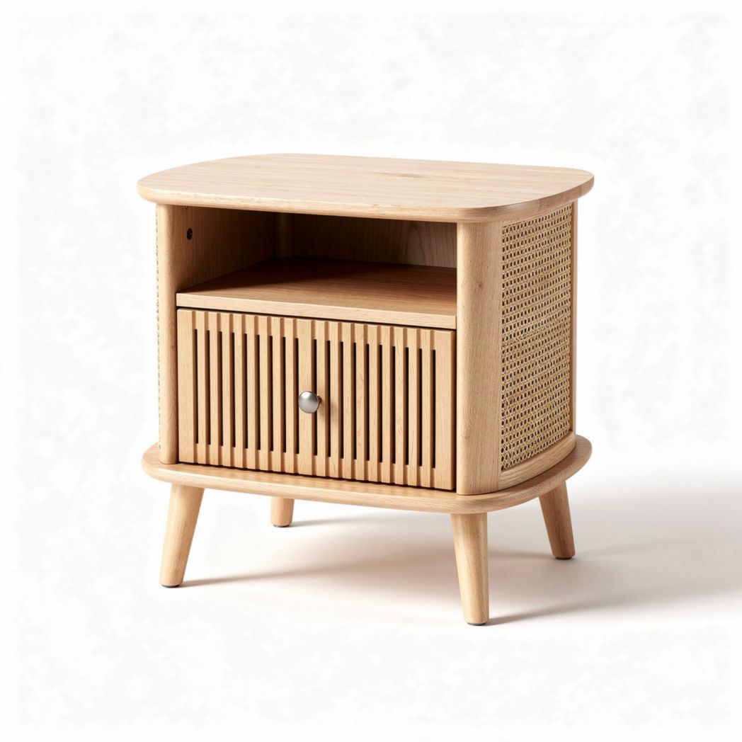 Natural wood nightstand with open storage and drawers 50 x 35 x 45cm