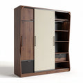 Sliding door wardrobe with open shelves and drawers in walnut finish 150 x 50 x 200cm