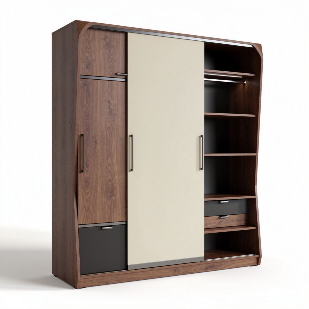 Sliding door wardrobe with open shelves and drawers in walnut finish 150 x 50 x 200cm