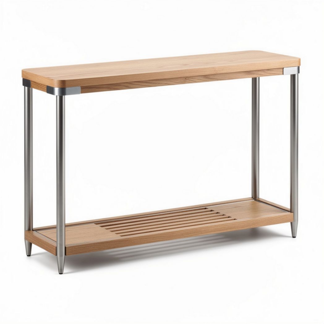 Wood and stainless steel console table with open shelf storage 120 x 40 x 75cm