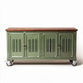 Metal storage cabinet with wooden top on wheels 150 x 40 x 80cm green
