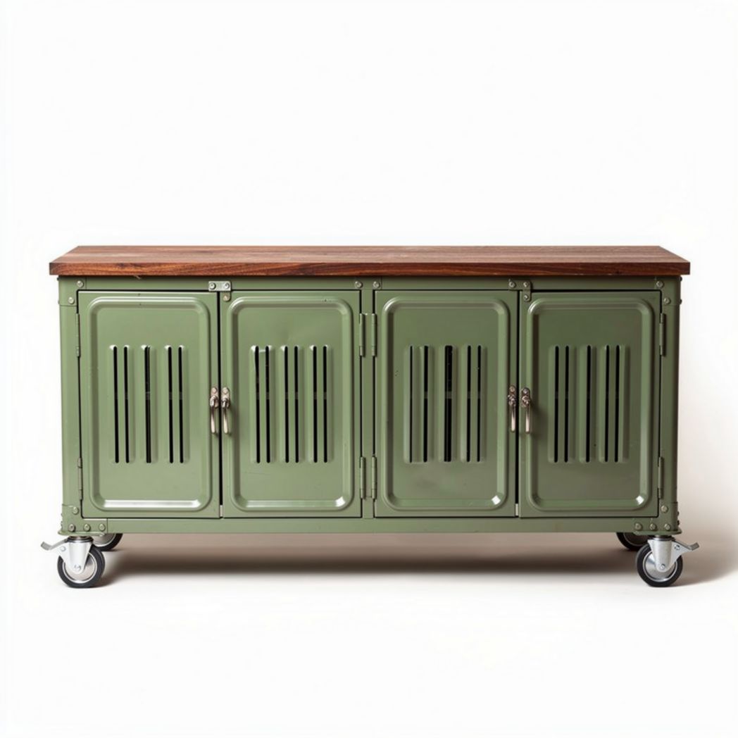Metal storage cabinet with wooden top on wheels 150 x 40 x 80cm green