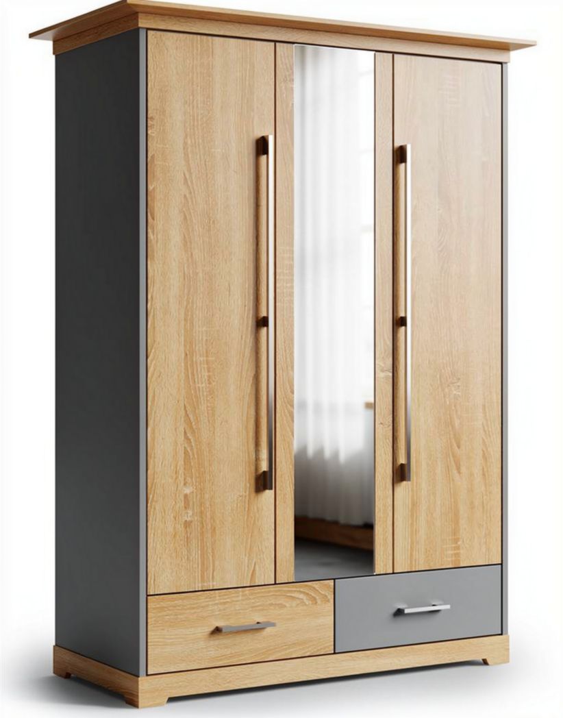 Three-door wardrobe with mirrored center and wooden finish 180 x 90 x 50cm